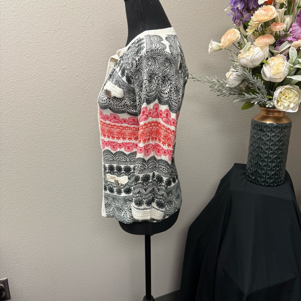 Aubergene Knit Cardigan S Black Coral Aztec Print Open Front 3/4 Sleeve Sweater - Picture 3 of 8